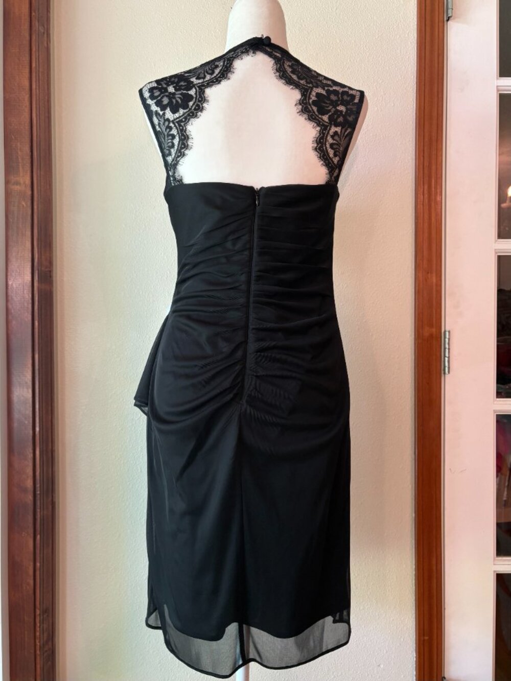 Scarlett Cocktail Little Black Dress Sheer Black Floral Lace Open Back Ruched 6